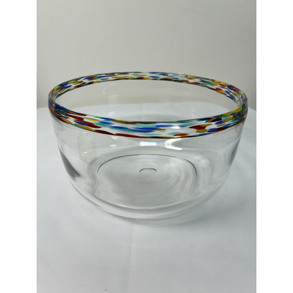 Hand Blown Mexican Mixing Bowl/Ice Bow With Rainbow Trim
